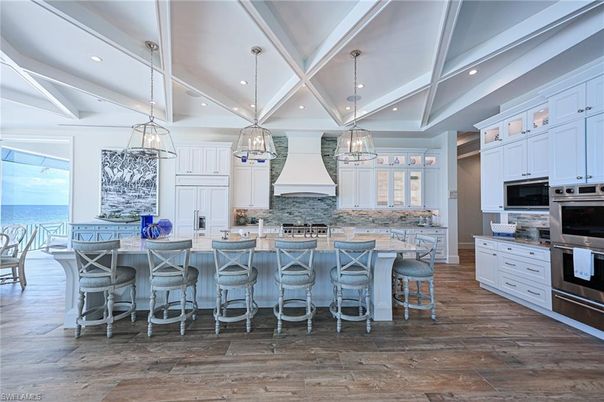 Interior, Kitchen, Pendant Lights, Recessed Lighting, Stainless Steel Appliances, Water, Wood Texture Flooring