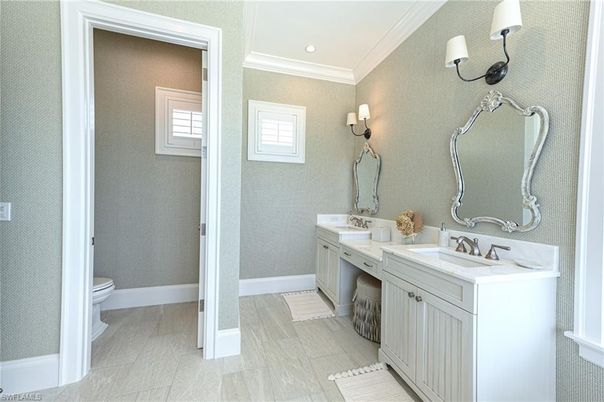 Bathroom, Dual Sink Vanities, Interior, Recessed Lighting, Wood Texture Flooring