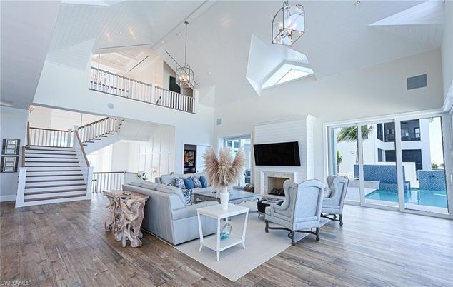 Fireplace, Interior, Living room, Pendant Lights, Wood Texture Flooring