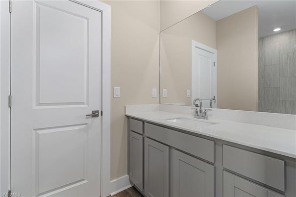 Bathroom, Dual Sink Vanities, Interior, Recessed Lighting, Wood Texture Flooring