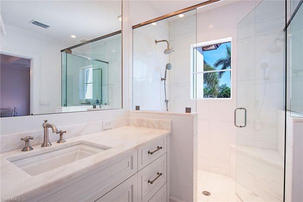 Bathroom, Glass Shower, Interior, Marble Walls, Recessed Lighting