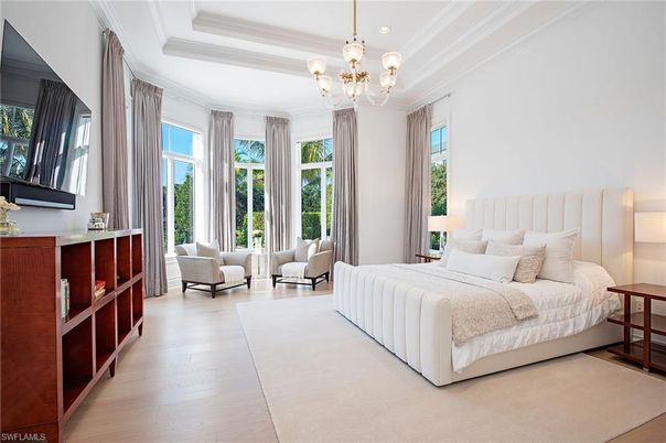 Bedroom, Chandelier, Interior, Recessed Lighting, Wood Texture Flooring