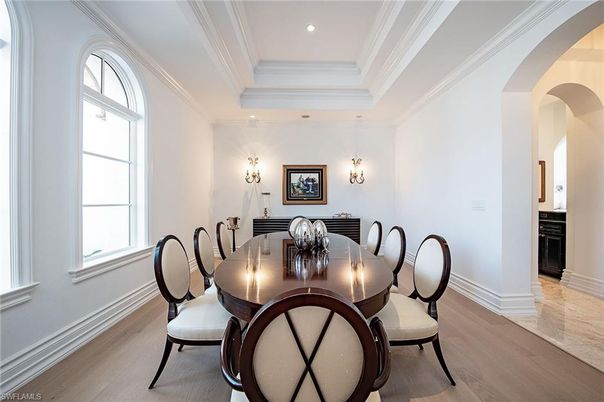 Dining room, Interior, Recessed Lighting, Wood Texture Flooring
