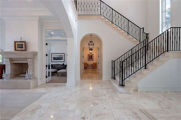 Fireplace, Interior, Marble, Pendant Lights