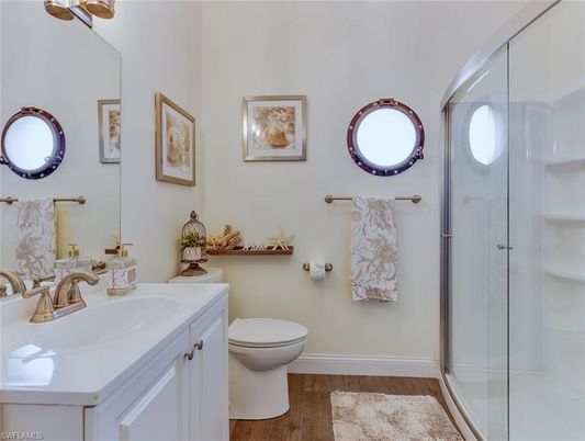 Bathroom, Glass Shower, Interior, Wood Texture Flooring