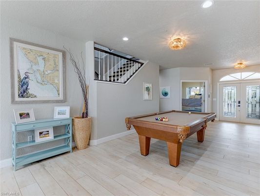 Billiard Table, Game Room, Interior, Recessed Lighting, Wood Texture Flooring