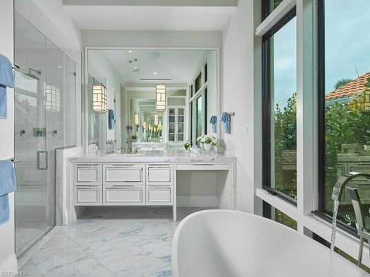 Bathroom, Dual Sink Vanities, Free Standing Baths, Glass Shower, Interior, Marble, Recessed Lighting