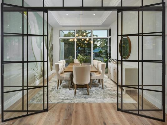 Dining room, Interior, Pendant Lights, Recessed Lighting, Wood Texture Flooring