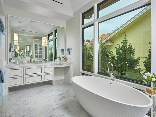 Bathroom, Dual Sink Vanities, Free Standing Baths, Interior, Marble, Recessed Lighting