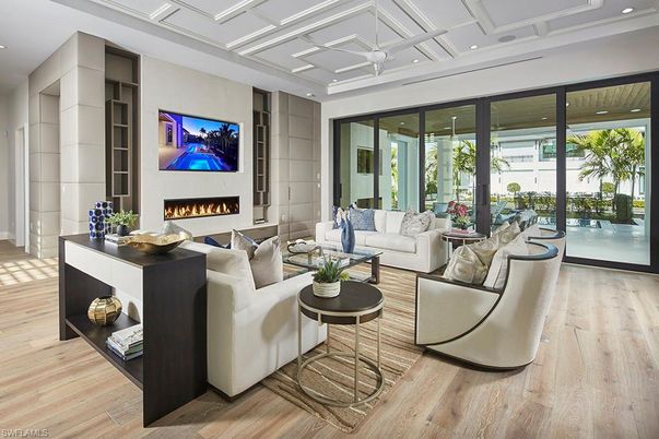 Fireplace, Interior, Living room, Recessed Lighting, Wood Texture Flooring