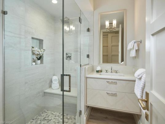 Bathroom, Glass Shower, Interior, Recessed Lighting, Wood Texture Flooring