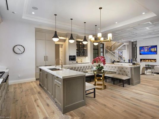 Dining room, Fireplace, Interior, Kitchen, Living room, Pendant Lights, Recessed Lighting, Wood Texture Flooring