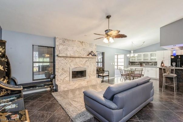 Dining room, Fireplace, Interior, Kitchen, Living room, Pendant Lights