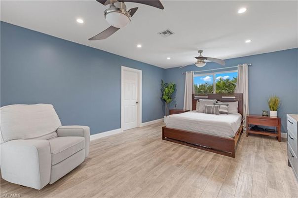 Bedroom, Interior, Recessed Lighting, Wood Texture Flooring
