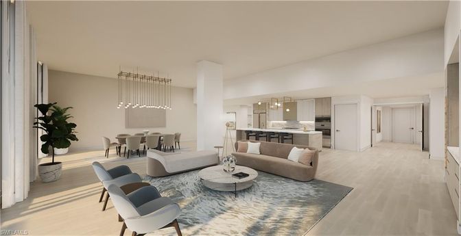 Dining room, Interior, Kitchen, Living room, Pendant Lights, Stainless Steel Appliances, Wood Texture Flooring
