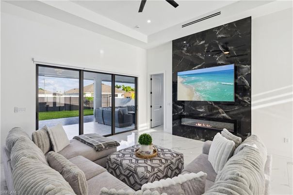 Fireplace, Interior, Living room, Marble Walls, Recessed Lighting