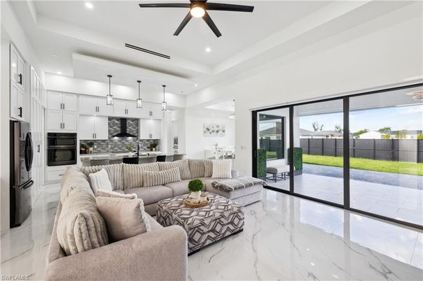 Interior, Kitchen, Living room, Marble, Pendant Lights, Recessed Lighting, Stainless Steel Appliances