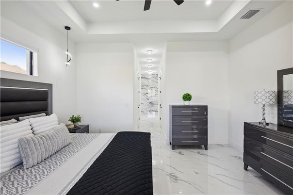 Bedroom, Interior, Marble, Pendant Lights, Recessed Lighting