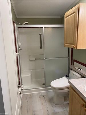 Bathroom, Glass Shower, Interior, Wood Texture Flooring