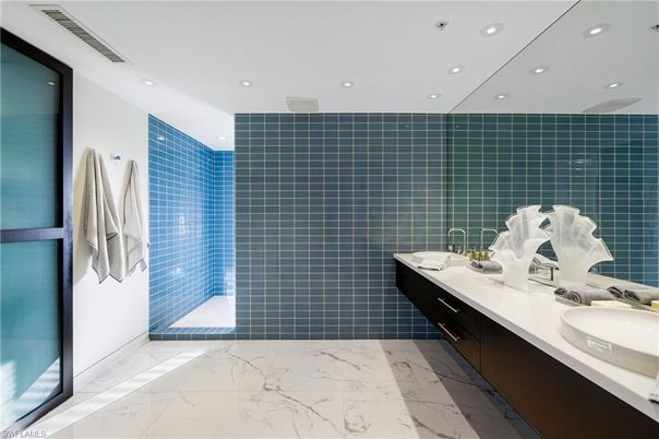 Bathroom, Dual Sink Vanities, Interior, Marble, Recessed Lighting