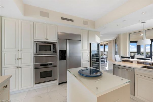 Interior, Kitchen, Marble, Pendant Lights, Recessed Lighting, Stainless Steel Appliances