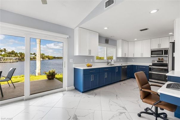 Interior, Kitchen, Marble, Recessed Lighting, Stainless Steel Appliances, Water