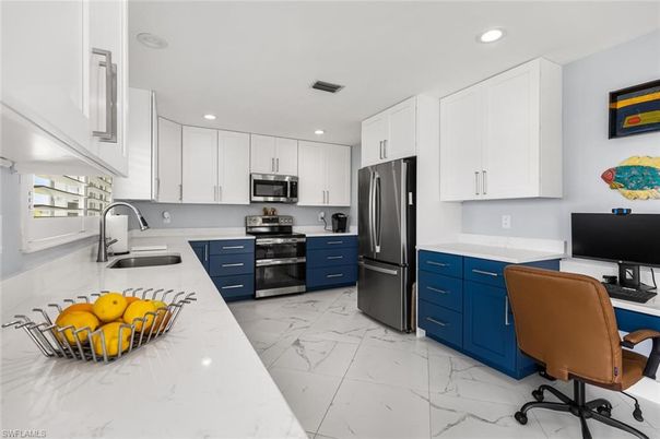 Interior, Kitchen, Marble, Recessed Lighting, Stainless Steel Appliances