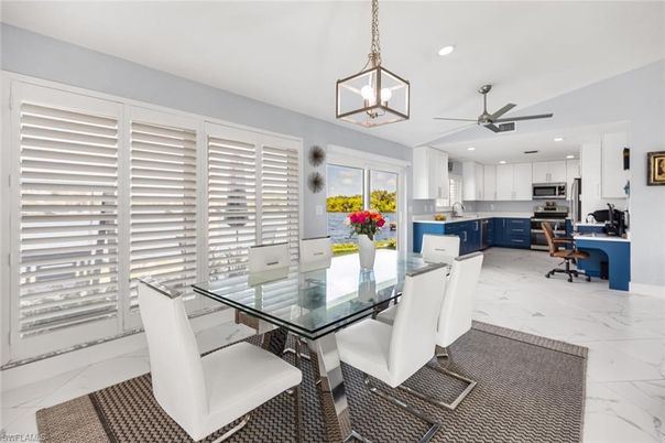 Dining room, Interior, Kitchen, Marble, Pendant Lights, Recessed Lighting, Stainless Steel Appliances