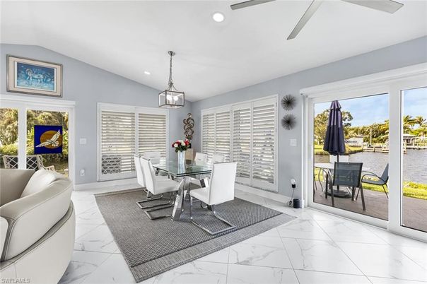 Dining room, Interior, Marble, Pendant Lights, Recessed Lighting, Water
