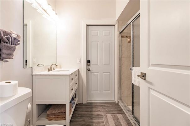 Bathroom, Glass Shower, Interior, Wood Texture Flooring