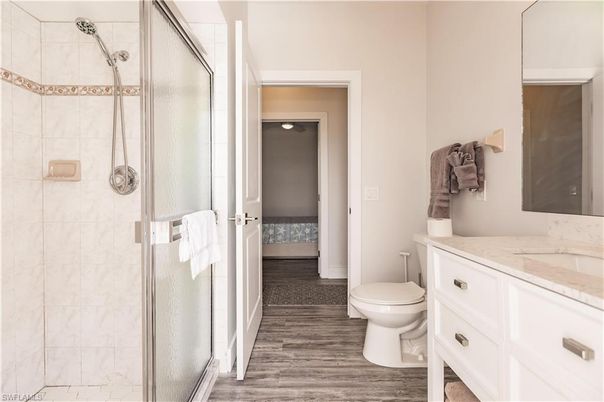 Bathroom, Bedroom, Glass Shower, Interior, Wood Texture Flooring