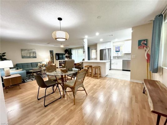 Dining room, Interior, Kitchen, Living room, Pendant Lights, Recessed Lighting, Stainless Steel Appliances, Wood Texture Flooring
