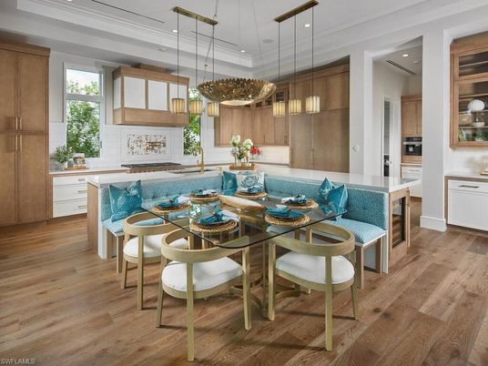 Dining room, Interior, Kitchen, Pendant Lights, Recessed Lighting, Wood Texture Flooring