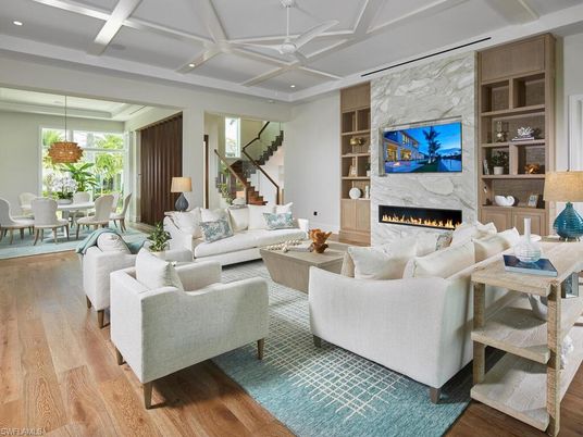Dining room, Fireplace, Interior, Living room, Pendant Lights, Recessed Lighting, Stone Walls, Wood Texture Flooring