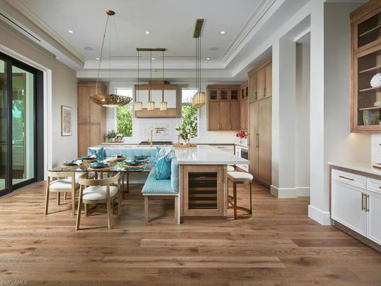 Dining room, Interior, Kitchen, Pendant Lights, Recessed Lighting, Wood Texture Flooring
