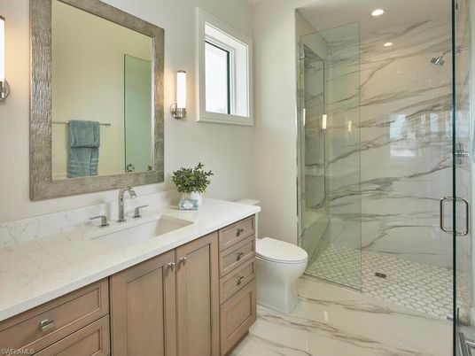 Bathroom, Glass Shower, Interior, Marble, Marble Walls, Recessed Lighting