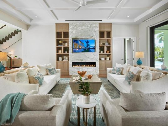 Fireplace, Interior, Living room, Recessed Lighting, Stone Walls, Wood Texture Flooring