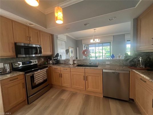 Interior, Kitchen, Pendant Lights, Stainless Steel Appliances, Wood Texture Flooring
