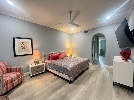 Bedroom, Interior, Recessed Lighting, Wood Texture Flooring
