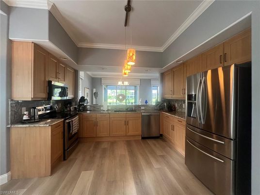 Interior, Kitchen, Pendant Lights, Stainless Steel Appliances, Wood Texture Flooring