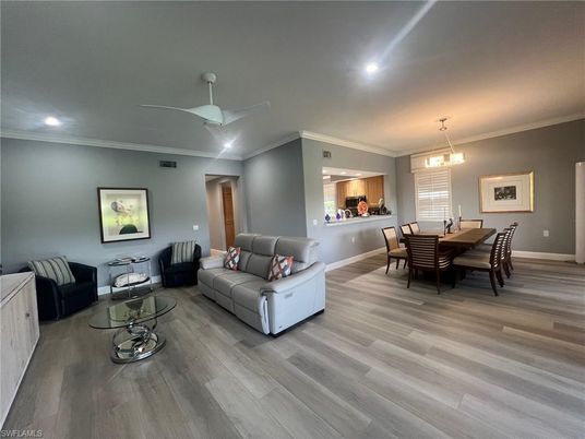 Dining room, Interior, Living room, Pendant Lights, Recessed Lighting, Wood Texture Flooring