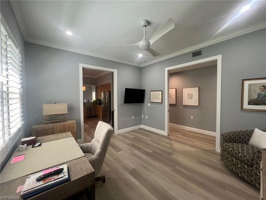 Home Office, Interior, Recessed Lighting, Wood Texture Flooring