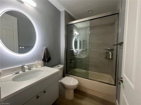 Bathroom, Glass Shower, Interior, Recessed Lighting, Wood Texture Flooring