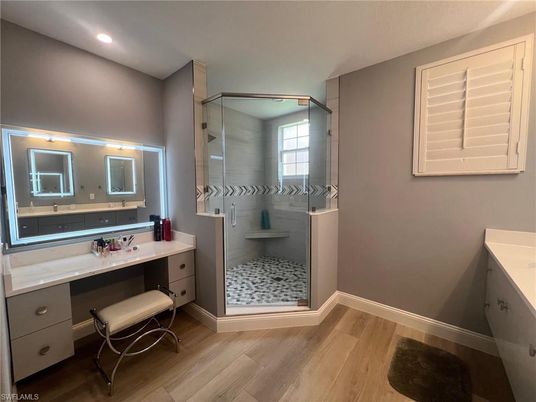 Bathroom, Glass Shower, Interior, Recessed Lighting, Wood Texture Flooring