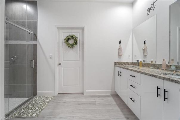 Bathroom, Glass Shower, Interior, Wood Texture Flooring