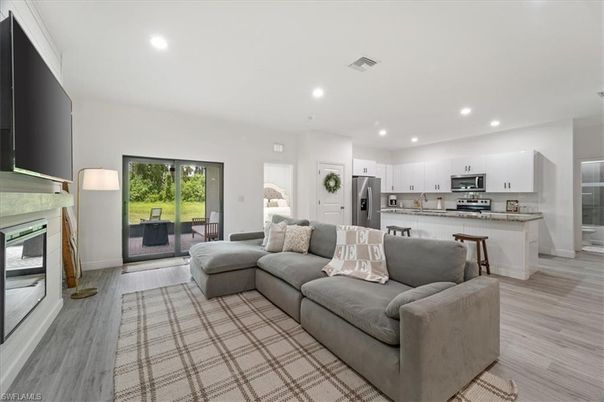 Interior, Kitchen, Living room, Recessed Lighting, Stainless Steel Appliances, Wood Texture Flooring