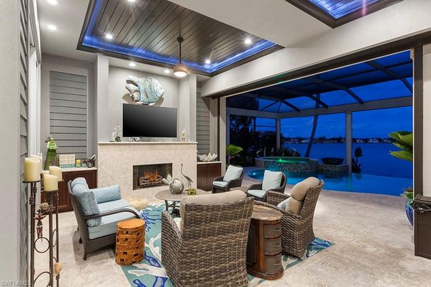 Fireplace, Interior, Living room, Pendant Lights, Pool, Recessed Lighting, Wooden Ceilings