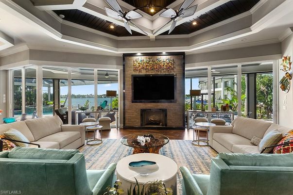 Fireplace, Interior, Living room, Recessed Lighting, Water, Wood Texture Flooring