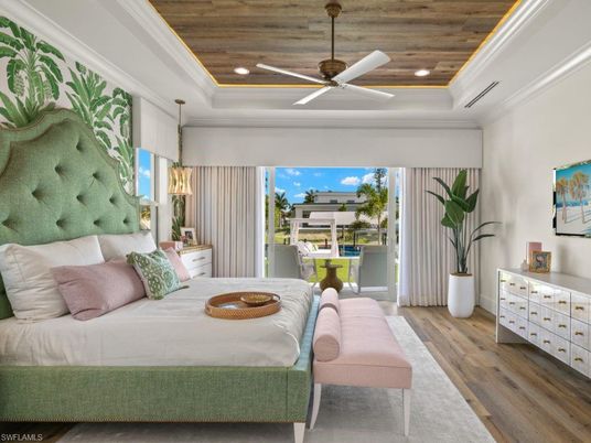 Bedroom, Interior, Pendant Lights, Recessed Lighting, Wooden Ceilings, Wood Texture Flooring