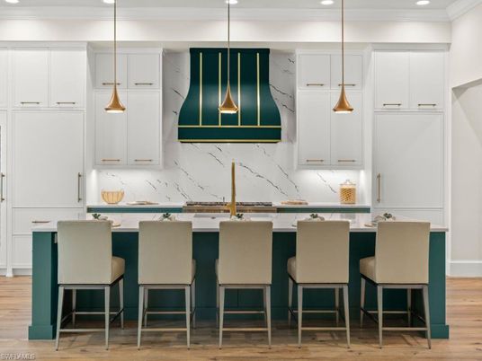 Interior, Kitchen, Marble Walls, Pendant Lights, Recessed Lighting, Wood Texture Flooring